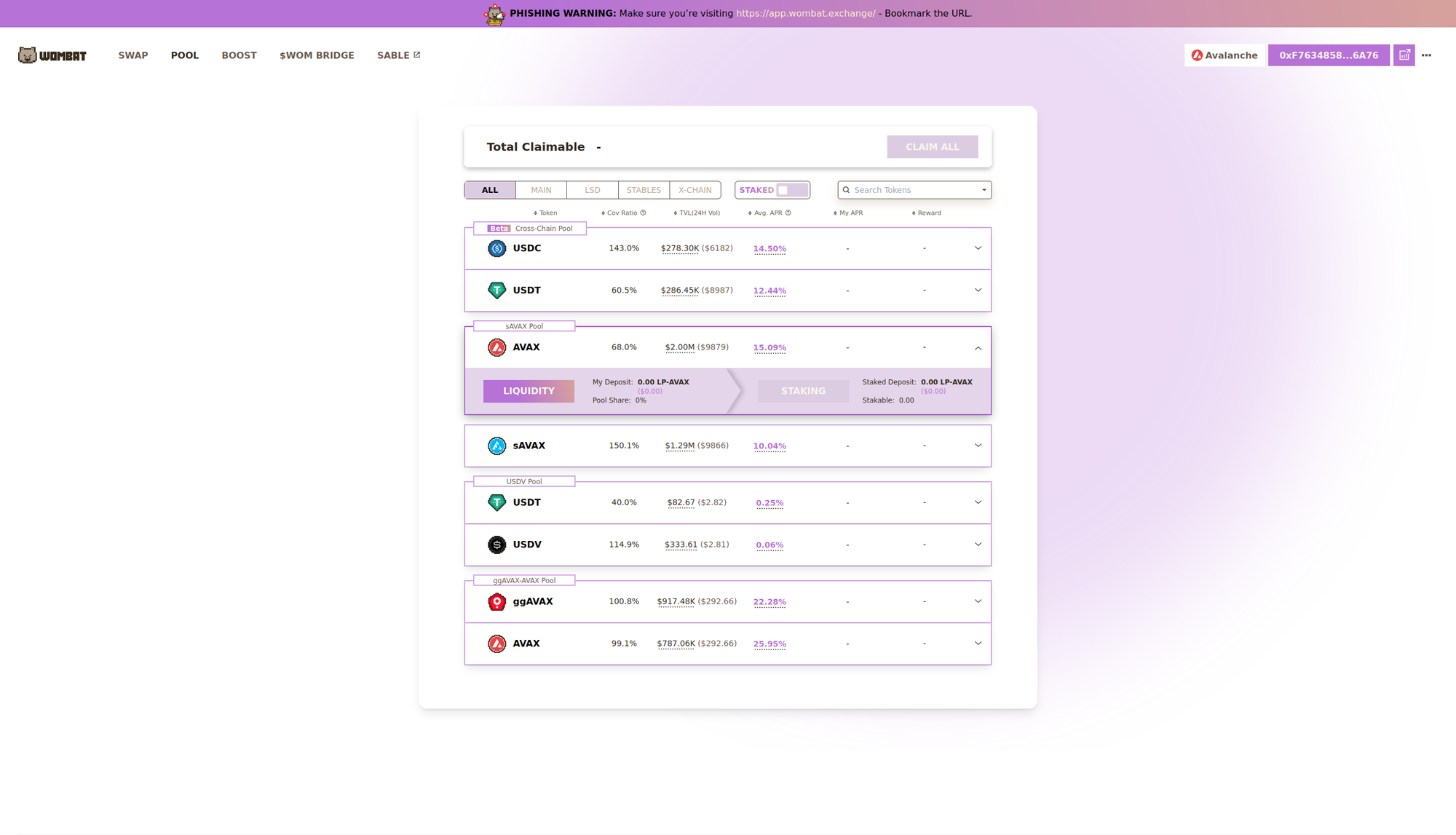 Wombat - $sAVAX Pool - $AVAX Details