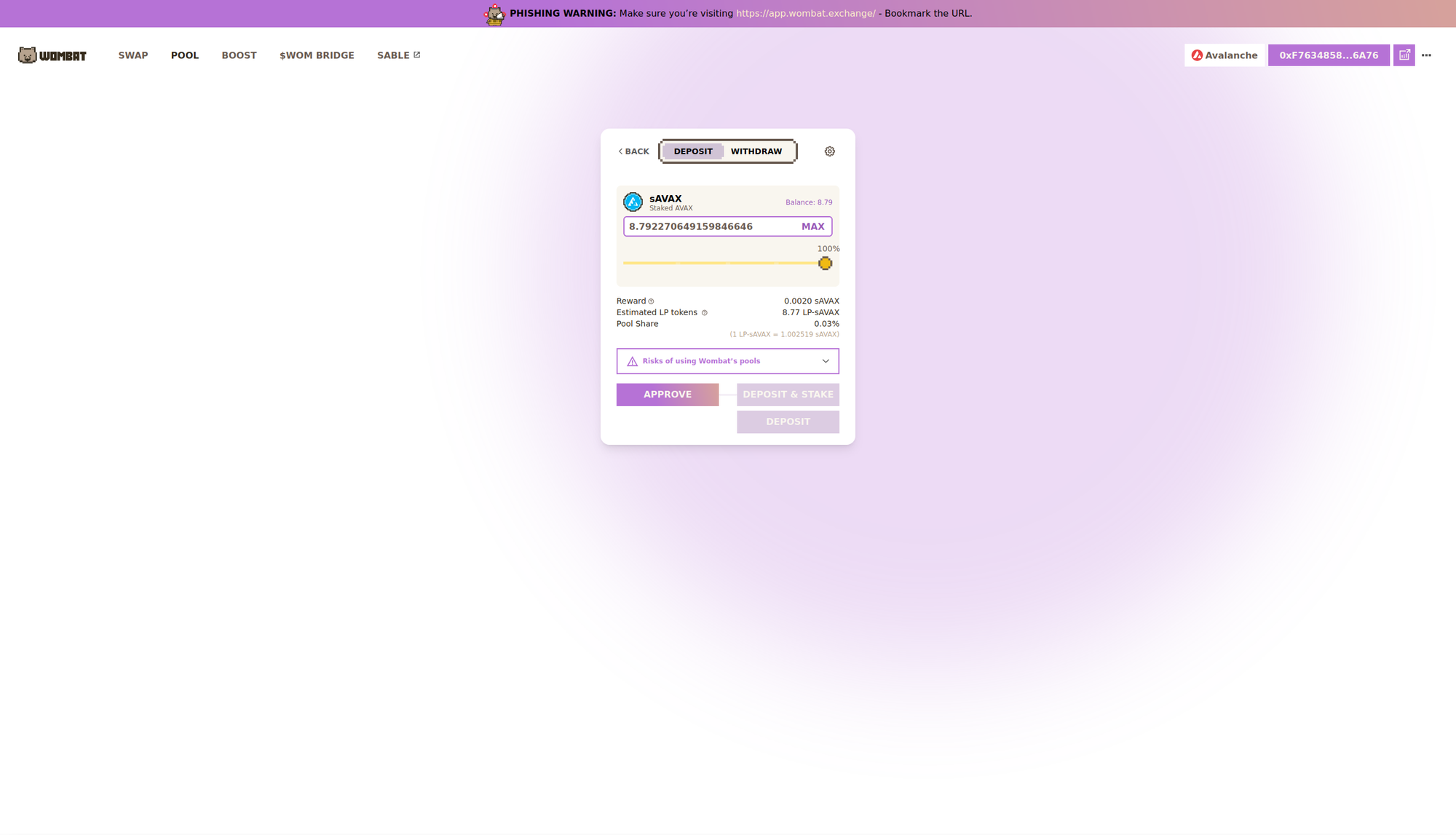 Wombat - $sAVAX Pool - $sAVAX Deposit Preview