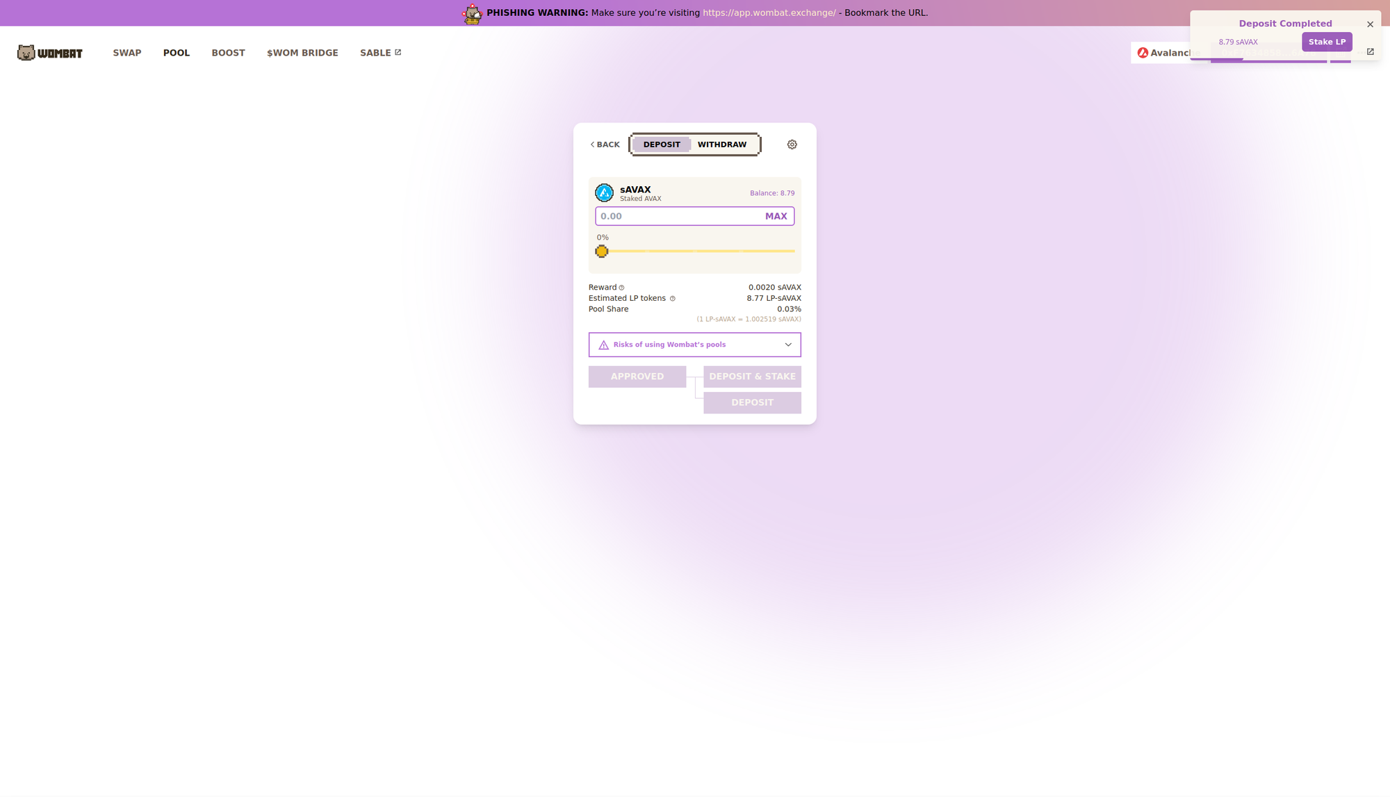 Wombat - $sAVAX Pool - $sAVAX Deposit Complete