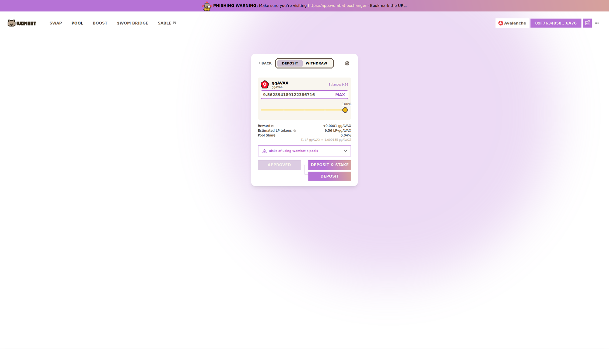 Wombat - $ggAVAX Pool - $ggAVAX Deposit Preview